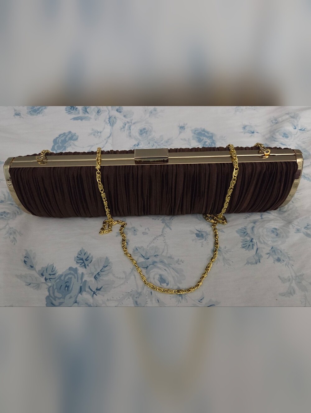 Vintage Brown Pleated Evening Clutch with Gold Chain